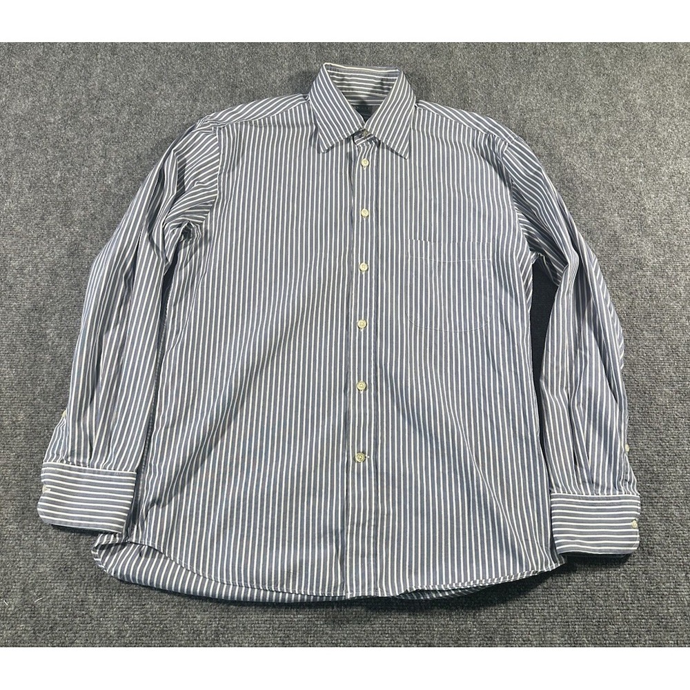 Canali Mens Blue Pinstriped Button Up Dress Shirt Cotton Sz Medium Quiet Luxury